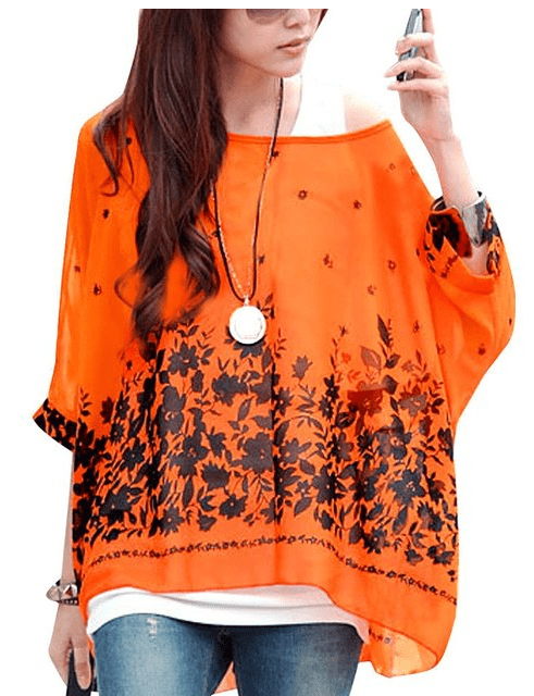 Allegra K Lady Batwing Sleeve Floral Prints Semi Sheer Chiffon Oversize Shirt at Amazon Women’s Clothing store Blouses