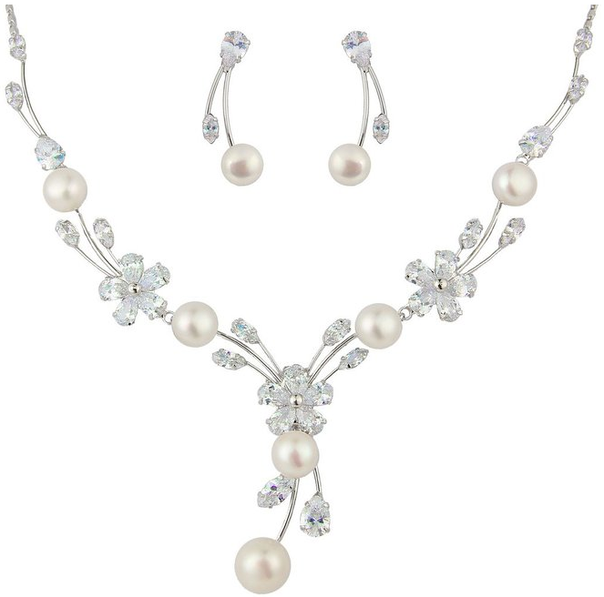 EleQueen Womens Cubic Zirconia Simulated Pearl Flower Bridal Necklace Earrings Jewelry Set Ivory Color Gold tone Clothing