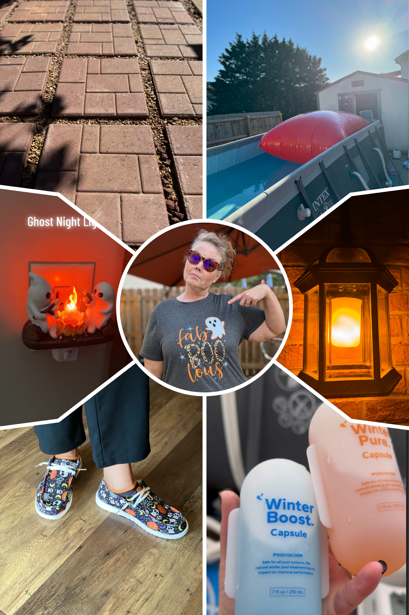 a collage of photos of a woman and a pool