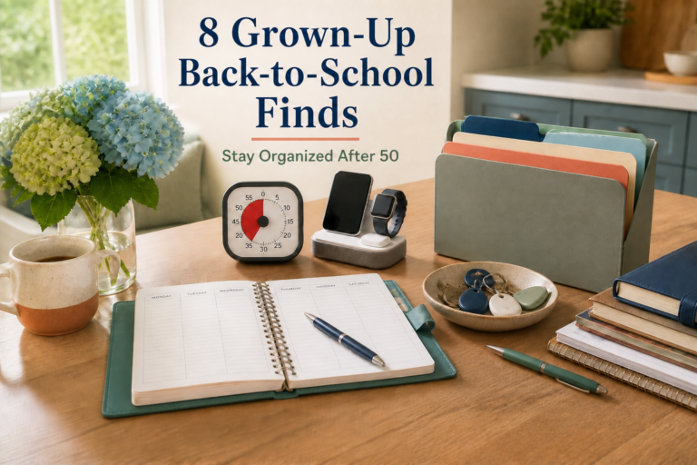 Desk flat lay with a spiral planner, red visual timer, wireless charging stand, and keys, for the post 8 Grown-Up Back-to-School Finds for Staying Organized After 50