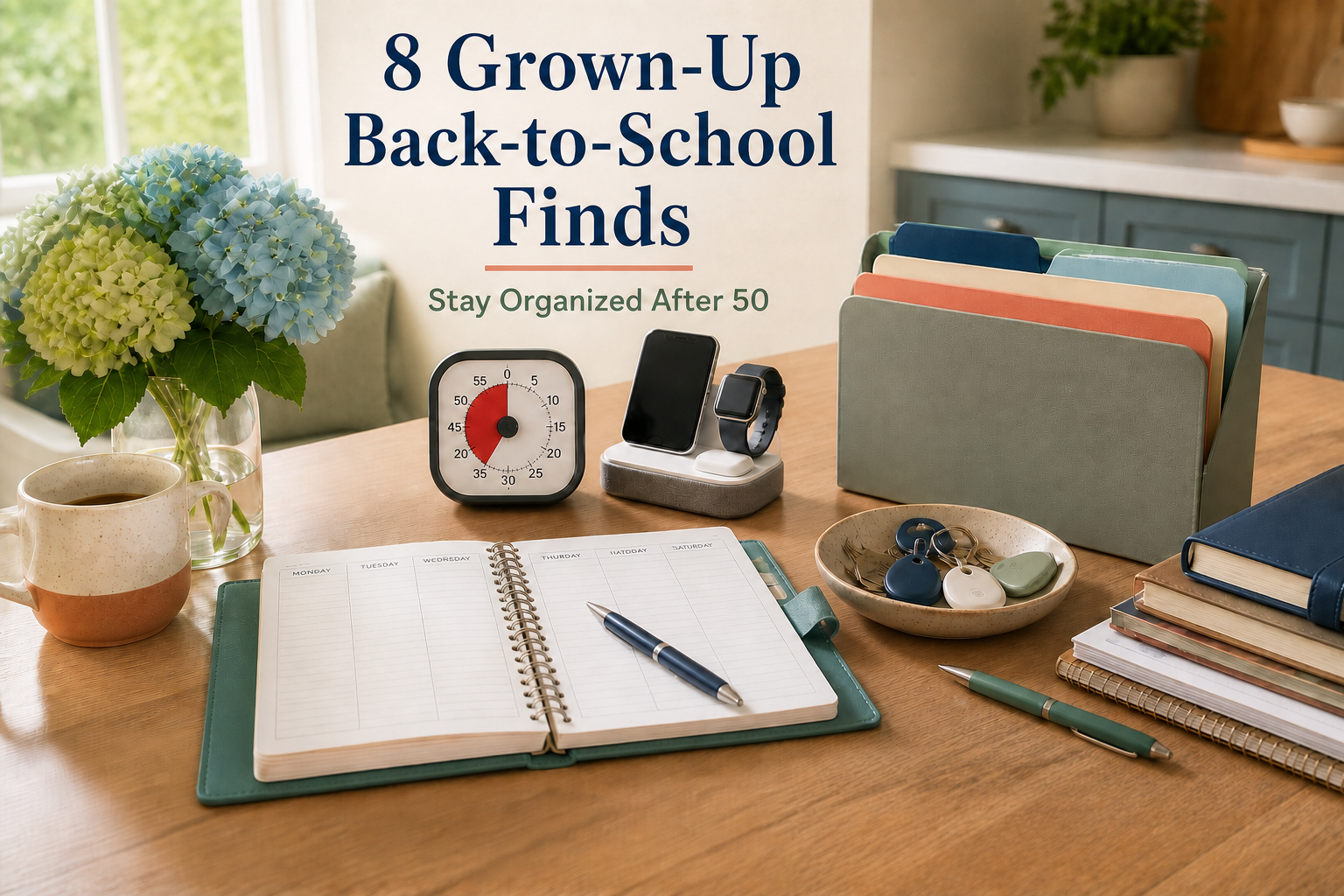 Desk flat lay with a spiral planner, red visual timer, wireless charging stand, and keys, for the post 8 Grown-Up Back-to-School Finds for Staying Organized After 50