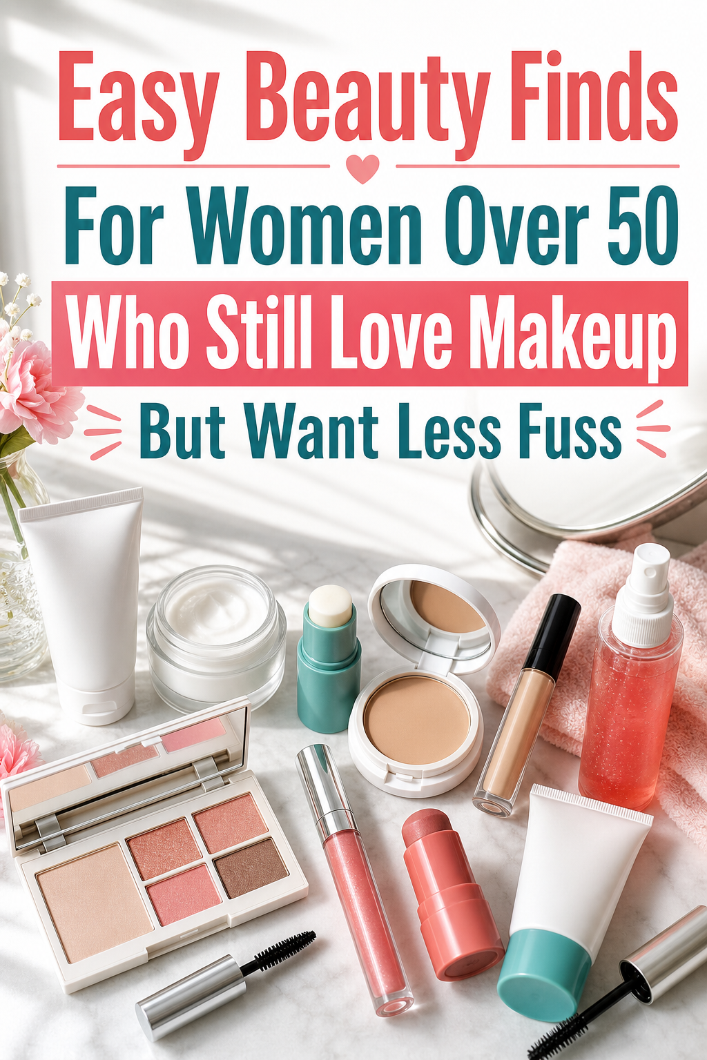 Flat lay of beauty products including makeup brushes, lipstick, and foundation bottles on a soft pink surface next to pink flowers, with text reading 'Beauty Finds Over 50: Less Fuss, Still Fab'.