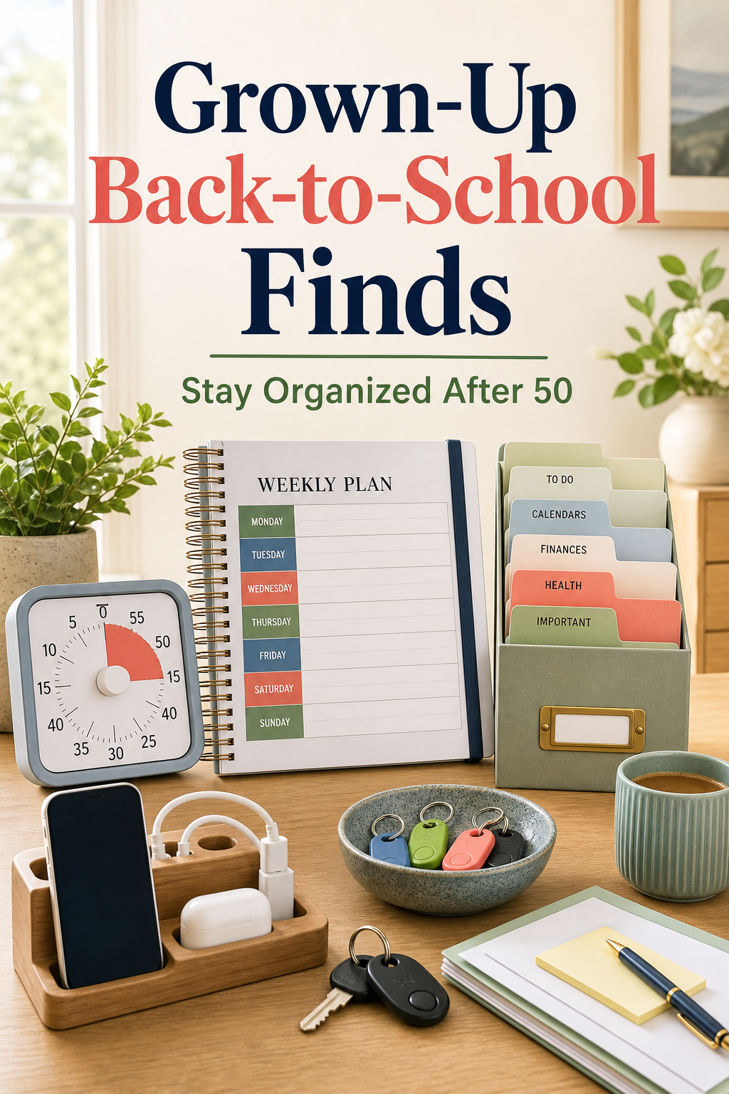 Pinterest graphic for 8 Grown-Up Back-to-School Finds for Staying Organized After 50, showing a weekly planner, desk organizer, and daily essentials